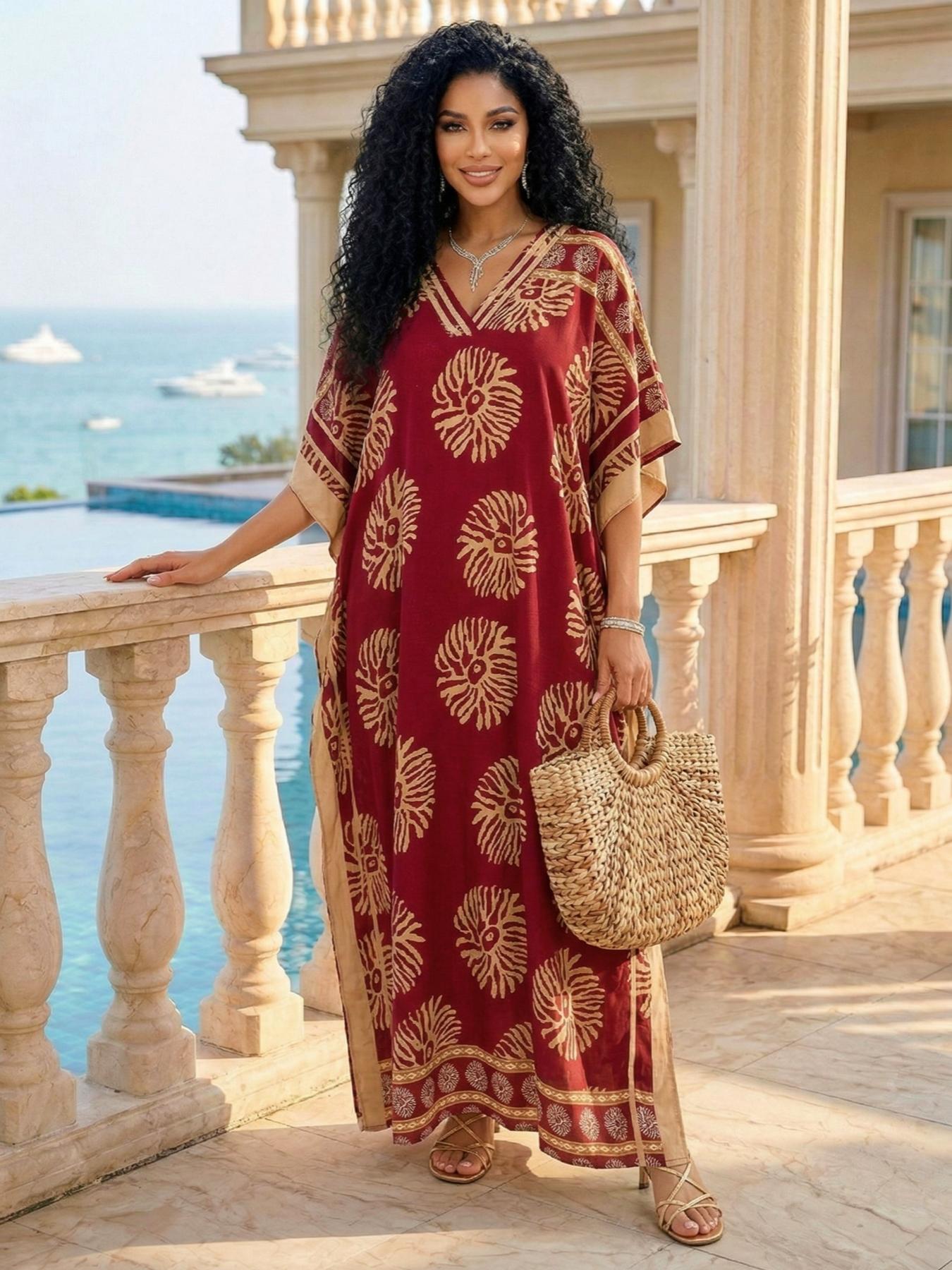 EDOLYNSA Leopard kaftans for woman caftan beach printing Moo Moo Dress casual cover up Bohemian daily wear Soft Homewear vacation party long dress lounge wear Q1615 Womenswear