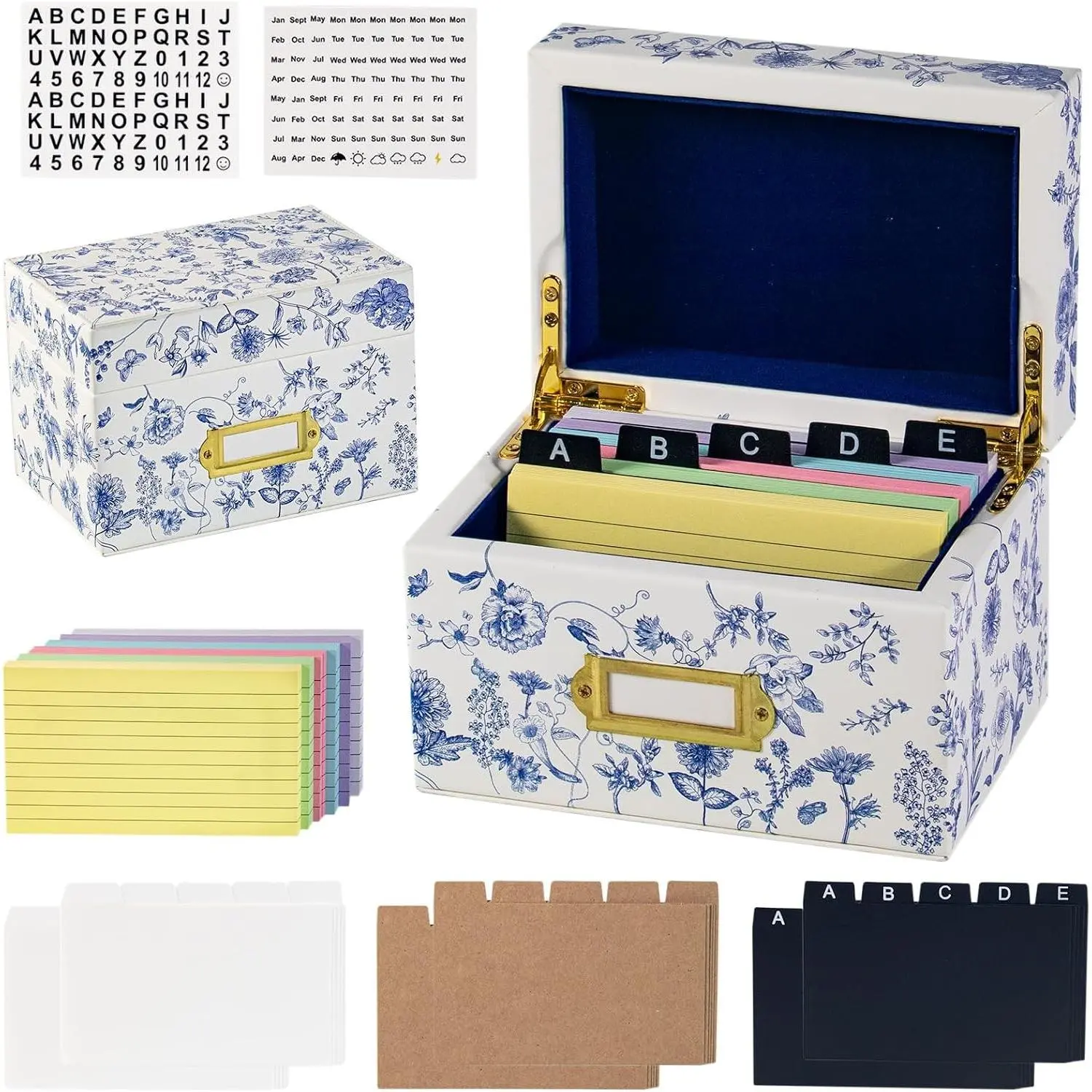 3x5 Index Card Holder Leather Organizer Box Recipe Card Holder Box | 300 Flash Cards,30 Plastic Dividers & 2 Letter Stickers,Flash Recipe Card Holder Box for Home Office Kitchen