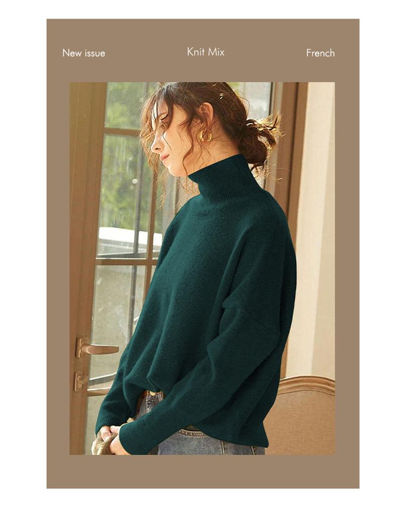Autumn Winter Women's Sweater, High Neck Loose Casual French Style Knitwear, Elegant Simple Solid Color Pullover, Long Sleeve Knit Top