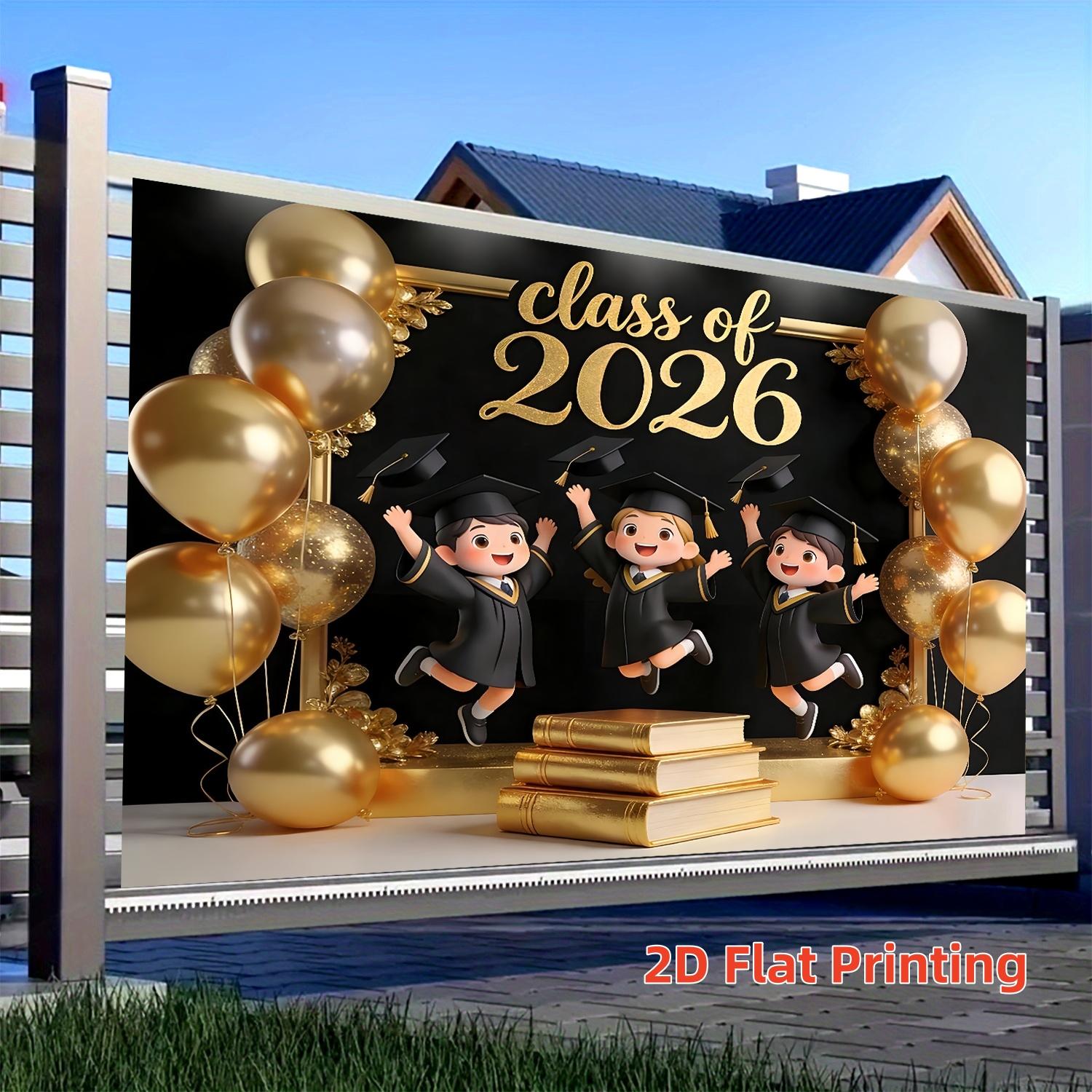 2D Flat Class of 2026 Graduation Decoration Set 1 piece banner + 3 piece door curtain set Polyester material, balloons, bachelor's uniform and book banner 2026 Graduation Ceremony Party Photo Hanging Cloth Campus Graduation Season Banners Banners Couplet