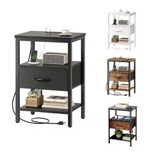 Bedside Table with Charging Station Adjustable Fabric Drawer Storage 3-Tier End Table with USB and Type-C Ports for Bedroom and Living Room
