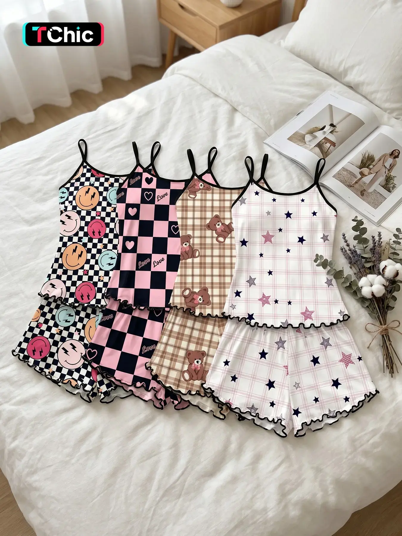 Women's 4 Piece Cami Top and Shorts Pajama Sets Nightwear, All Season Wear, Y2K Checkered Smiley Bear Star Print Ruffle Hem, Y2K Aesthetic, Loose Breathable for Home & Casual Wear