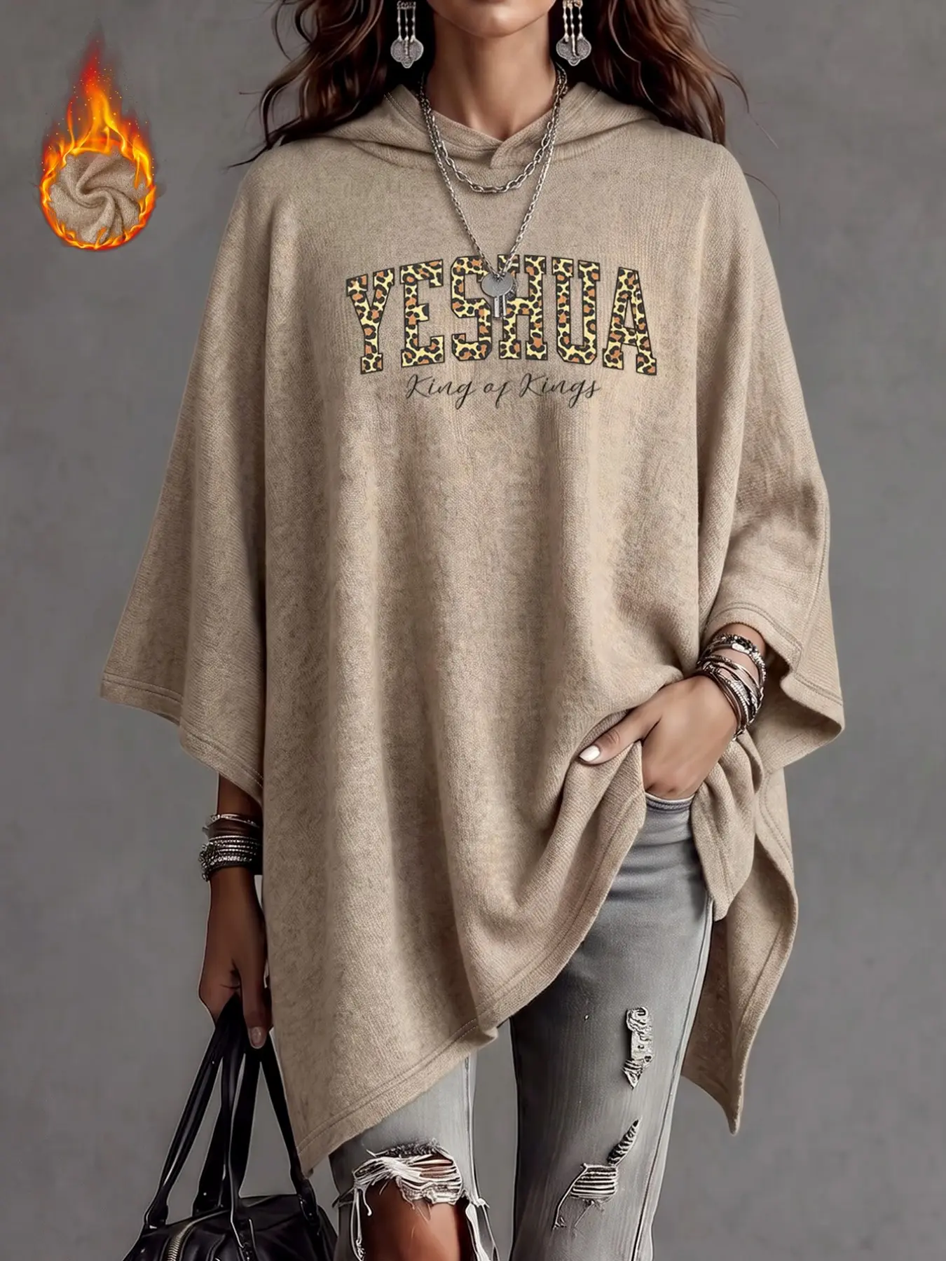 Leopard Print Letter Pattern Knit Cape, Fall Winter Women's Casual Fashion Hooded Cape, Loose-Fitting Regular Length Outerwear