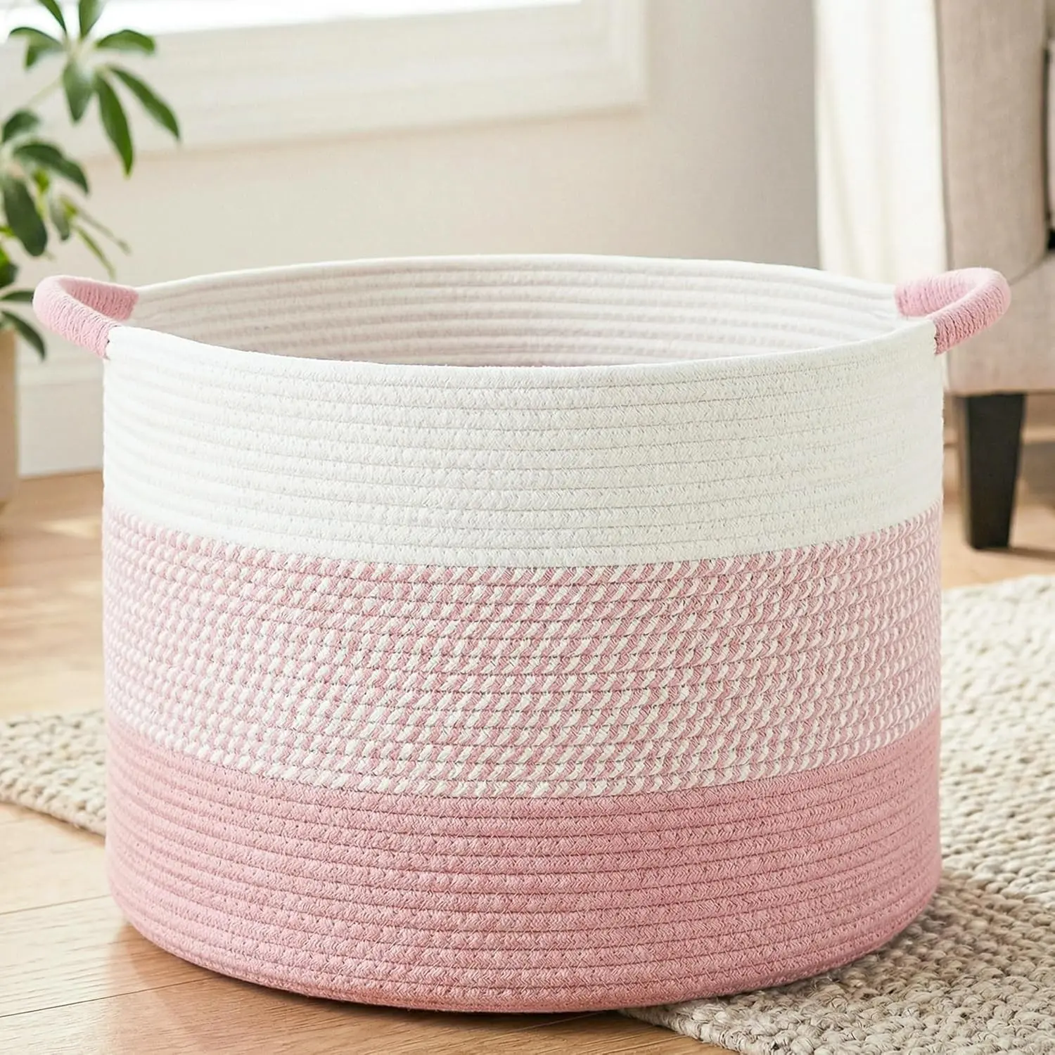 70L Large Cotton Rope Basket, Decorative Woven Blanket Storage for Living Room, Boho Toy Storage & Toy Box for Kids, Versatile Laundry Basket & Nursery Hamper for Blankets(Pink)
