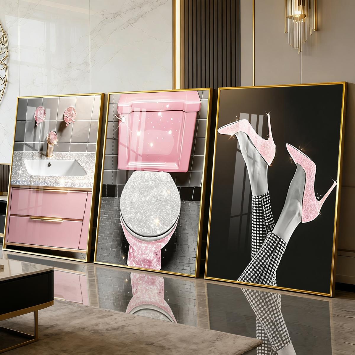 3 Counts Aluminum Alloy Framed Painting, Pink Glam Bathroom And High Heels Art Pictures, Home Decoration For Living Room, Bedroom, Office, Restaurant, Hallway Wall Decor, Odorless Print Artwork, Luxury Perfect Gift For Friends And Family