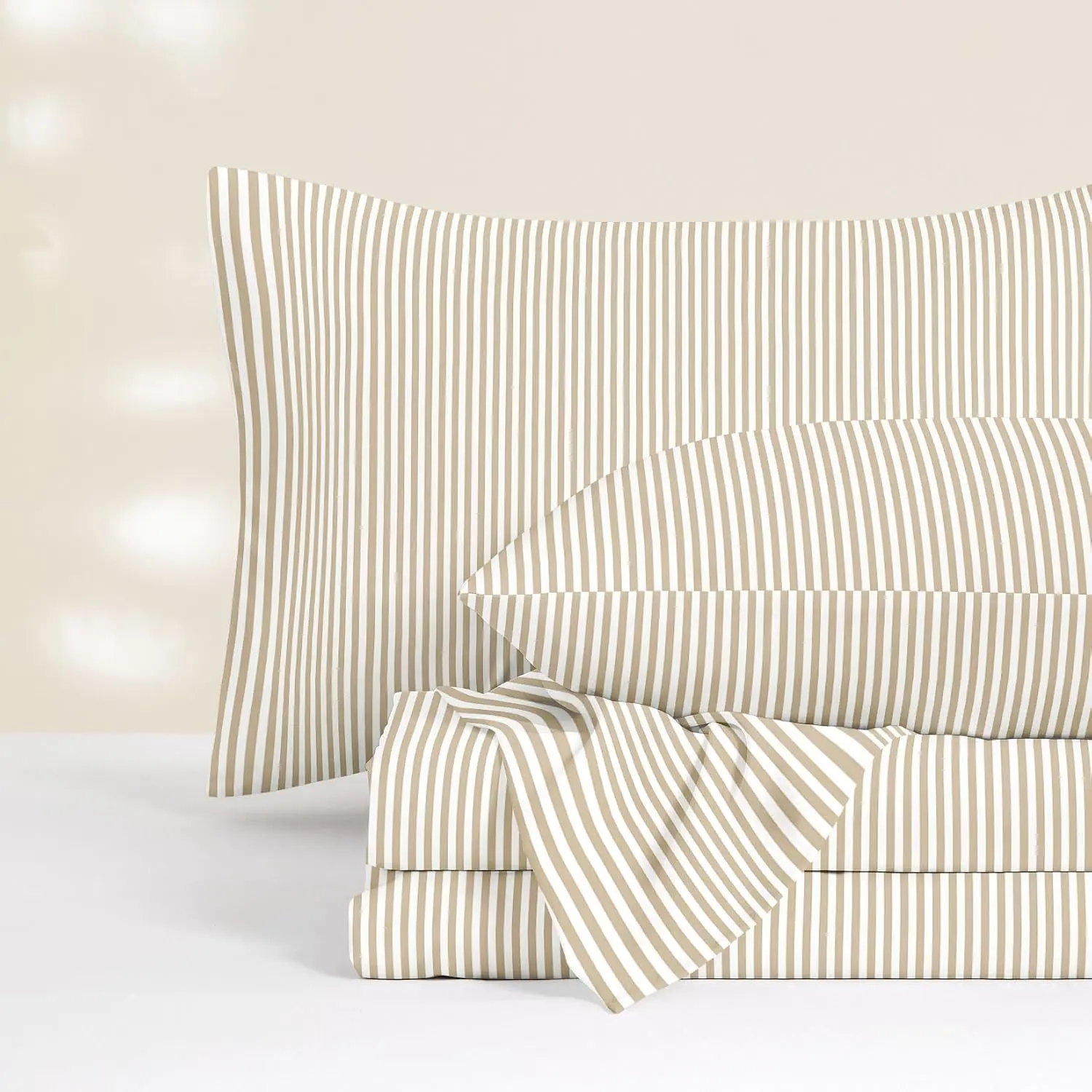 - Striped Bed Sheets, 4-Piece Sheet Set, Ticking Vertical Pin Stripe Farmhouse Pattern Printed Bedding, Deep, Light Brown White, Queen Size