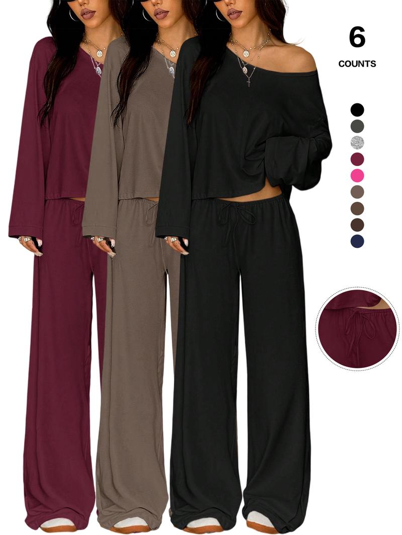 Women's 2 Piece Matching Lounge Set Off The Shoulder Long Sleeve Top and Drawstring Wide Leg Pants Casual Sweatsuit
