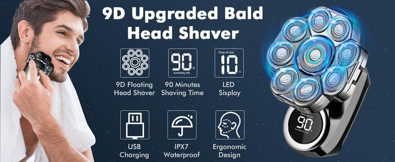 Upgraded 9D Bald Head Shaver for Men,6-in-1 Electric Razor with LED Display & Type-C Charging,360° Close Shave
