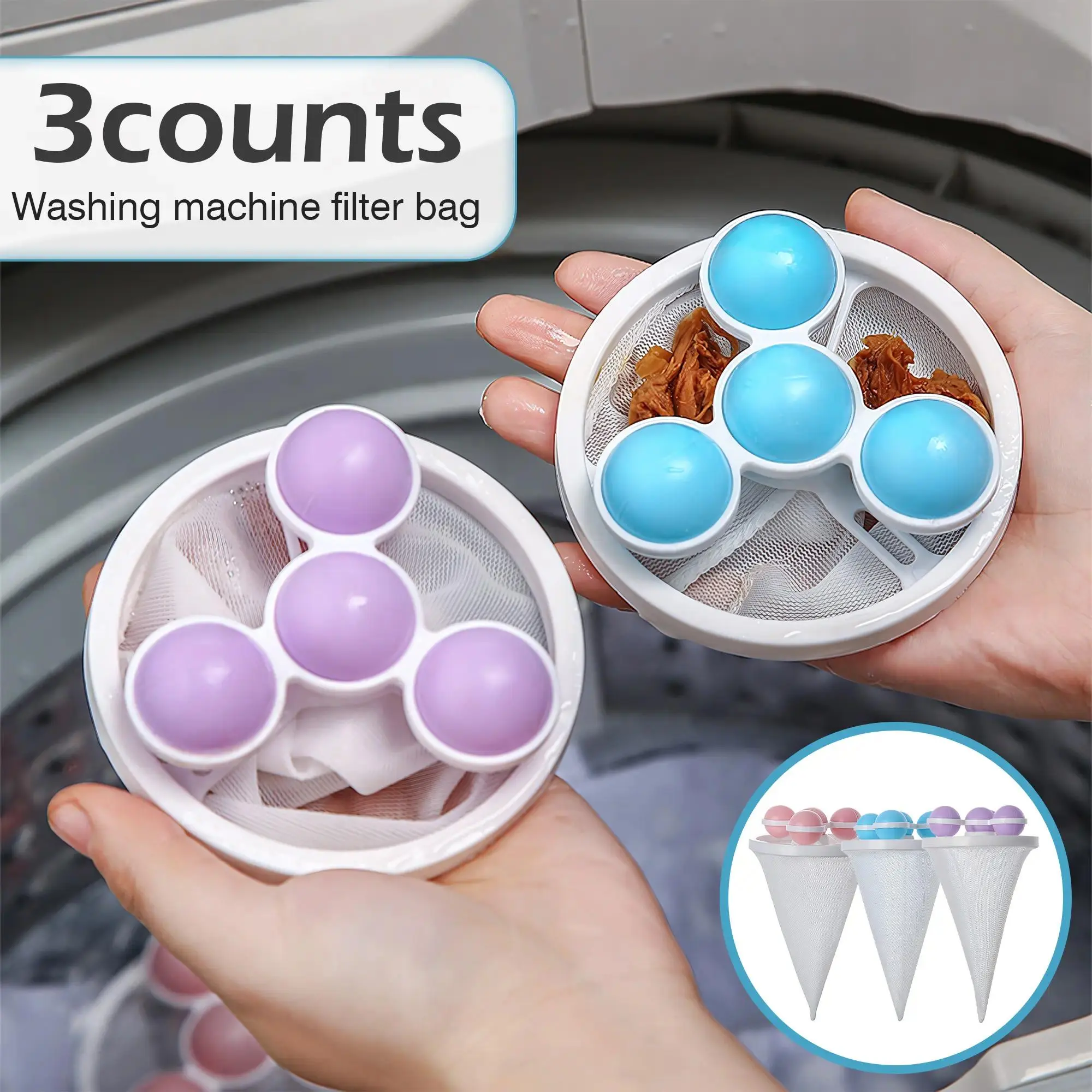 3 Counts Reusable Floating Lint Catcher for Washing Machine, Mesh Laundry Hair Filter Bag, Pet Hair & Lint Trap, Washer Debris Filter