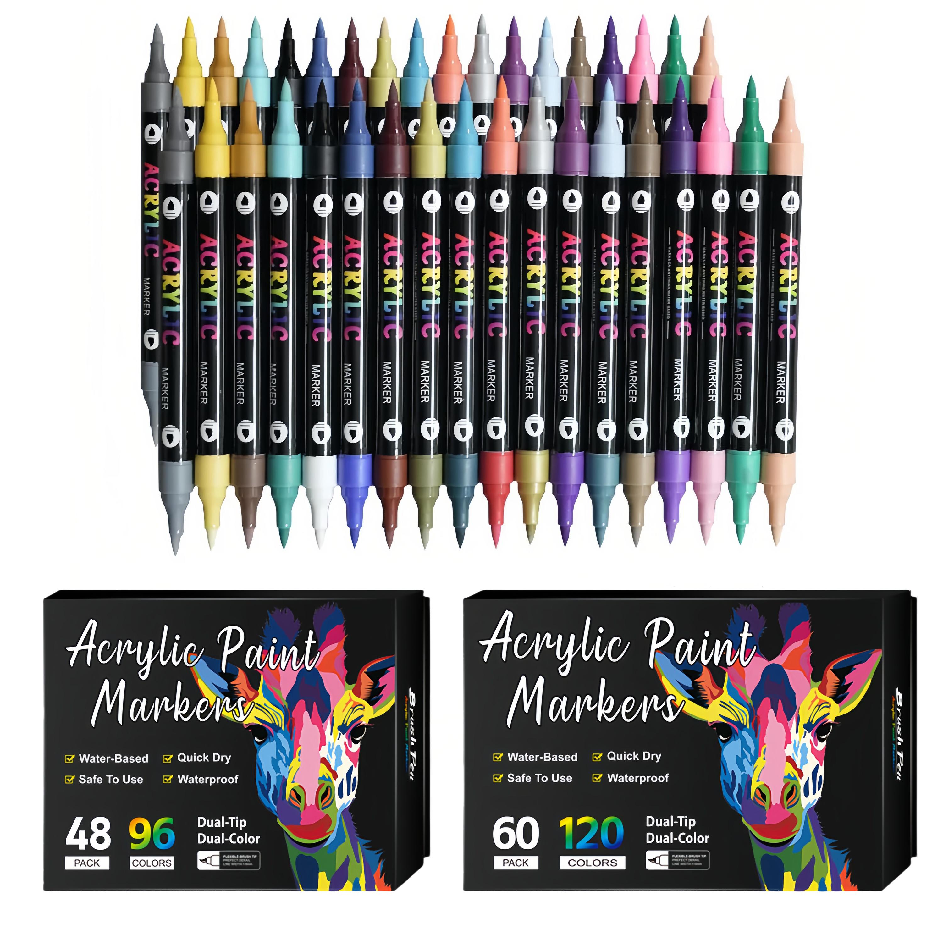 Acrylic Paint Markers Dual Tip Fine & Brush Nibs Non Toxic Waterproof Pigments for Rock Wood Canvas Glass Art Drawing Tools DIY Craft Supplies Gift Creative Tool for School Projects Classroom Activities School Essential Office Fun Brush Tip Color Marker