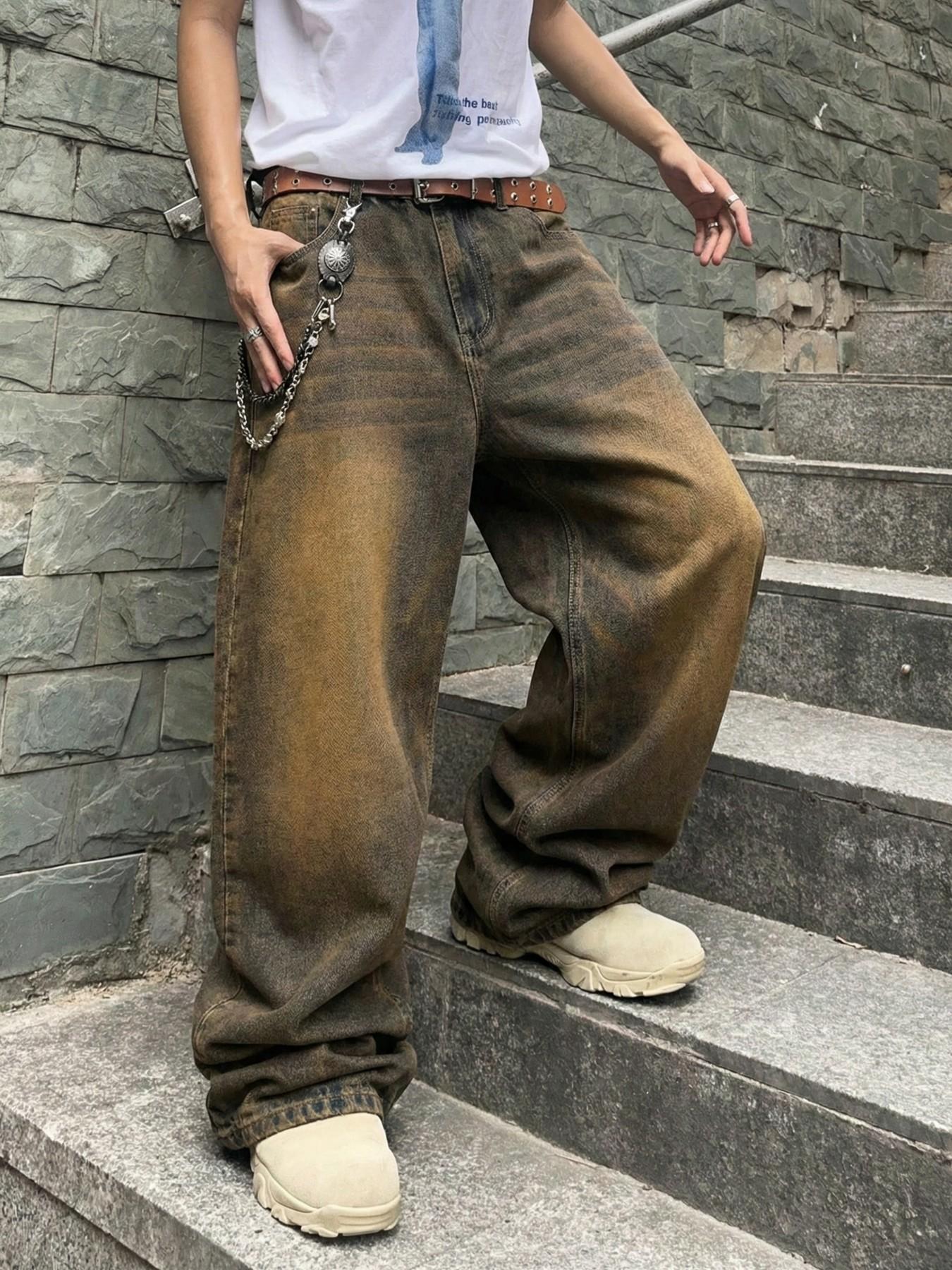 Men's Vintage Washed Loose Fit Wide Leg Jeans Pants, Menswear Long Y2K Street Style Denim Jeans, Perfect Gift for Boyfriend & Husband