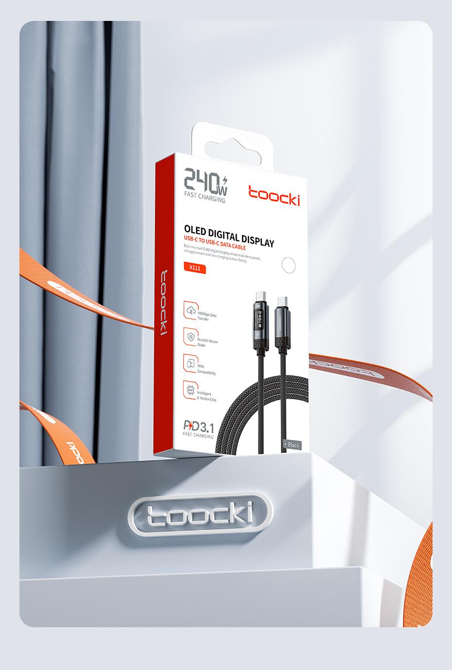 Toocki 240W  Super Fast Charging USB C To USB C Cable Smart OLED Digital Display Type C Cable PD 3.1 SFC 2.0 Fast Charge For iPhone 17 16 15 Pro MAX Macbook Airpods Samsung S24 Xiaomi