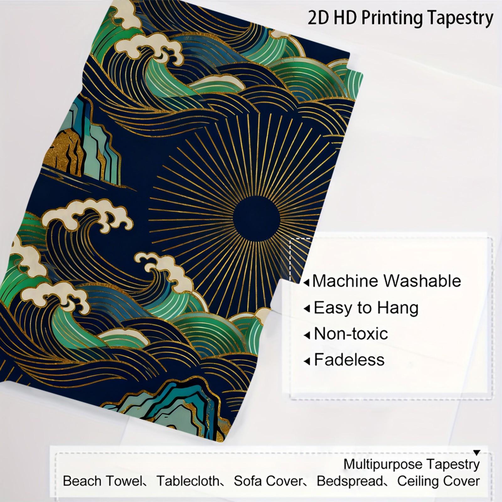 1 Piece Japanese Wave Sun Tapestry, Navy Blue Gold Foil Great Wave HD Digital Print Wall Hanging, Boho Polyester Tapestry, Lightweight Fade-Resistant, Easy to Hang for Bedroom, Living Room & Dorm