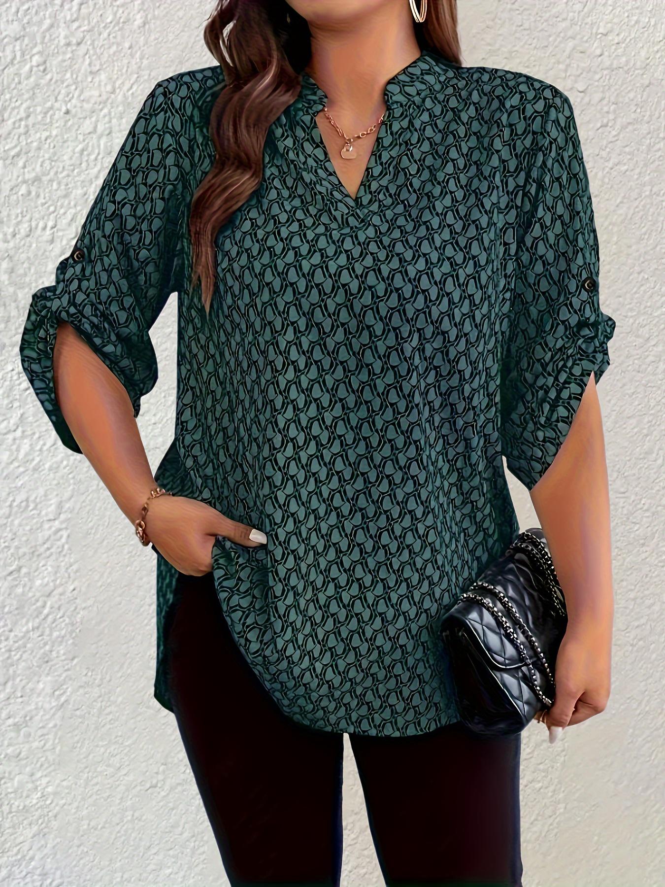 【Plus Size】 All Over Print Rolled Sleeve Blouse, Fashion and Trends Casual Notched Top for Spring & Fall, Women's Clothes for Daily Wear