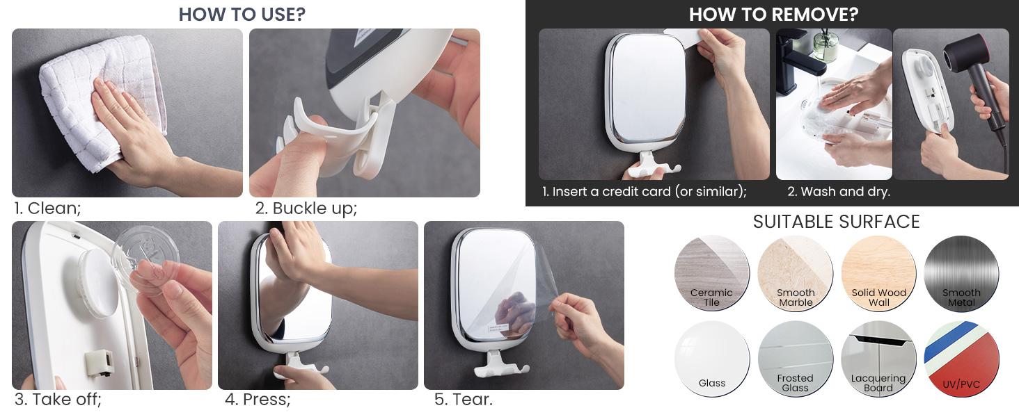 TAILI Anti-Fog Rectangle Shower Mirror for Shaving, No-Drilling Wall-Mounted Bathroom Accessory with Razor Holder, Powerful Suction, Removable, Shatterproof, Waterproof (White), Rectangle Shape