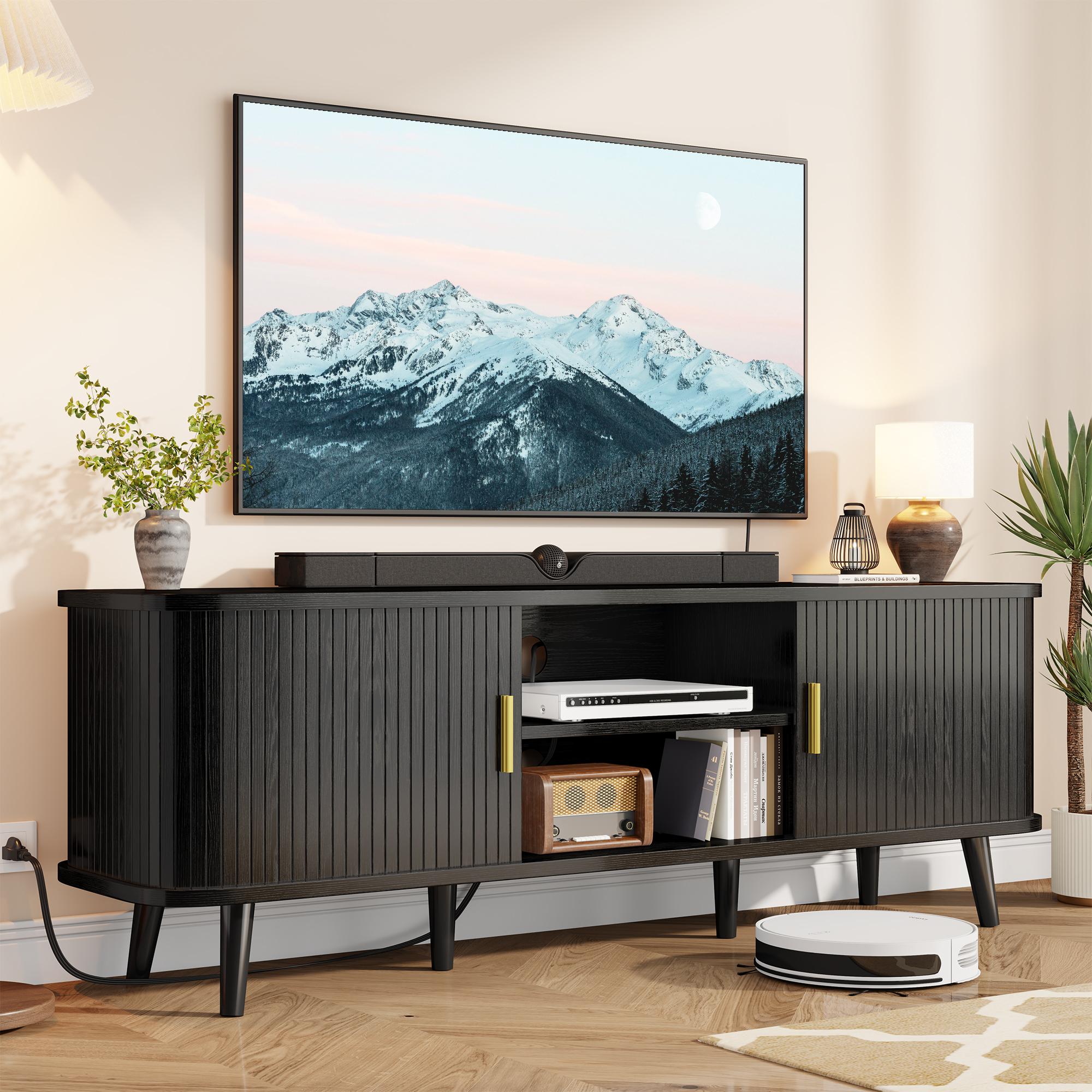 Aowos 59" TV Stand, Fluted TV Stand for TVs up to 65", Entertainment Center with Storage Compartment and Sliding Doors, Modern Media Console with Power Outlet for Living Room
