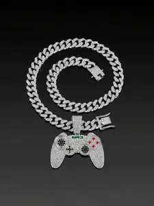 Valentine's Day Gift, Hip Hop Retro Game Controller Full Diamond Pendant Necklace, Alloy Cuban Chain, Street Trend Artistic Jewelry