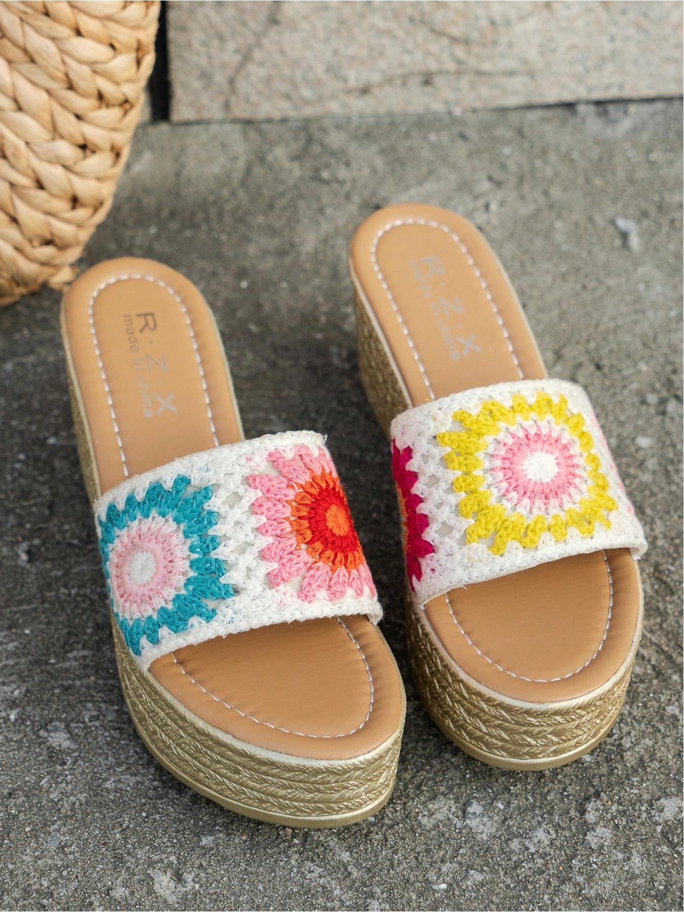 Vintage Bohemian Resort Style Handmade Crochet & Straw Wedge Heels, Breathable, Thick Sole, Anti-Slip, Multiple Sizes & Colors, Perfect for Daily Wear