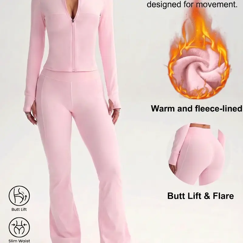 Women's Sportswear Set, Sweatsuit Set, Exercise Clothing Set, Athletic Workout Clothing, High Elasticity Slim-Fit Stand Collar Zipper Design, Below-The-Knee Warm Fleece Lining, Soft Breathable Yoga Activewear, Sporty Style Outfits, Workout Sets
