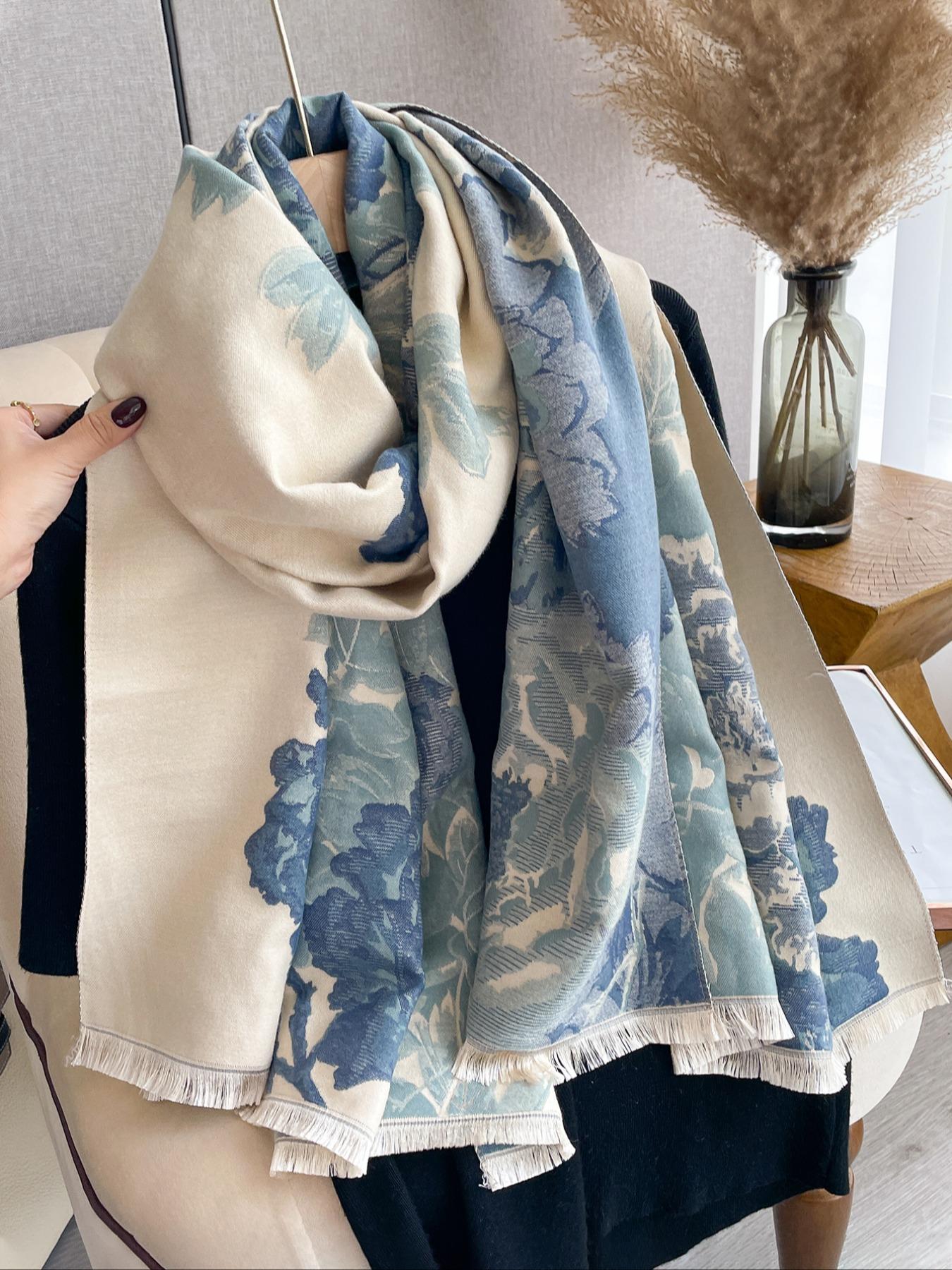 Women's Fashion Scarf, Floral Jacquard Shawl, Warm Thick Woven Fabric, Elegant Fitted Design, Perfect for Fall & Winter Wear