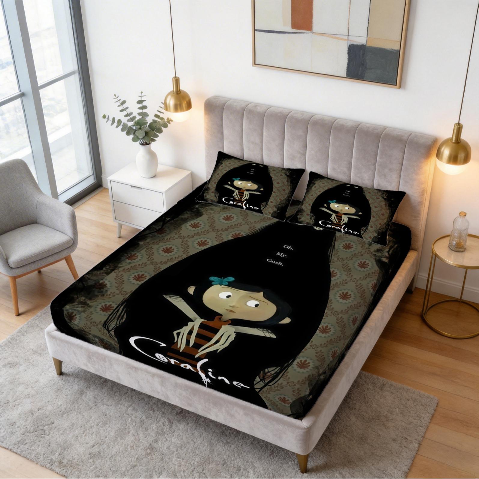 Coraline Printed Pattern Bed Sheet Set, Halloween Themed Decoration, 1 Bed Sheet With 2 Pillowcases (Excluding Pillow Core), Suitable For Teenage And Adult Bedrooms, Suitable As Decoration And Gift