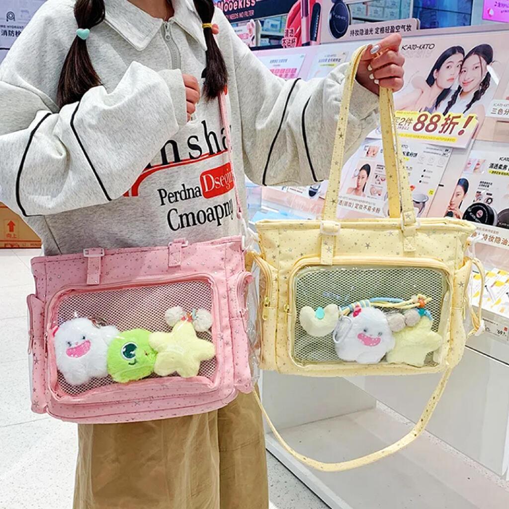 New Nylon/Polyester Ita Bag for Lolita Girls - Transparent Large-Capacity Shoulder Tote, Crossbody, DIY Display Casual Handbag