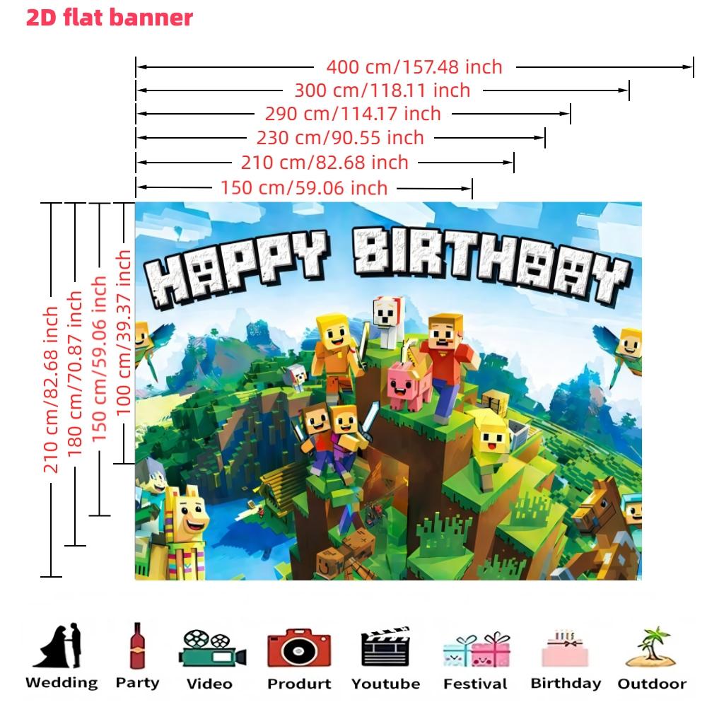 Pixel game birthday party background banner, happy birthday decoration, polyester material, suitable for birthday party decoration, stage and room decoration, home decoration, holiday party supplies, photo booth background, indoor/outdoor decoration