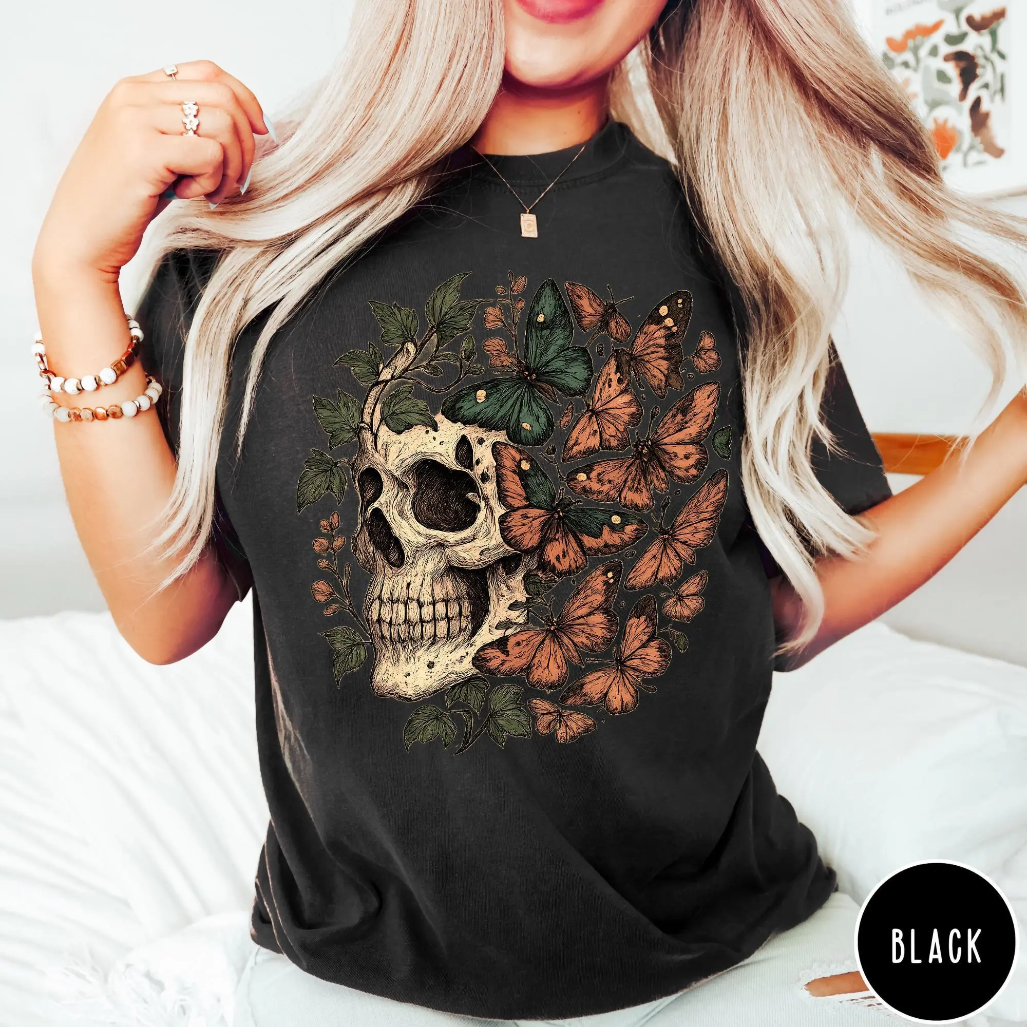 Skull & Butterflies Shirt, Vintage Distressed Skull Shirt, Oversized Retro Grunge Tee, Trendy Grunge Indie Boho Graphic Tee