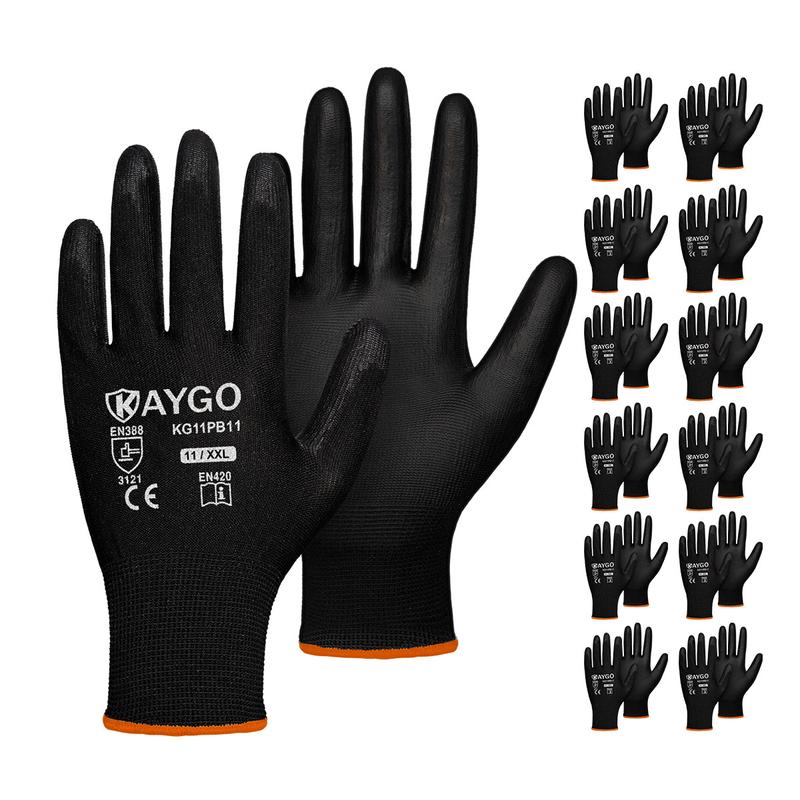 KAYGO Safety Work Gloves PU Coated-12 Pairs, KG11P, Seamless Knit Glove with Polyurethane Coated Smooth Grip on Palm&Fingers, for Men and Women, Ideal for General Duty Work