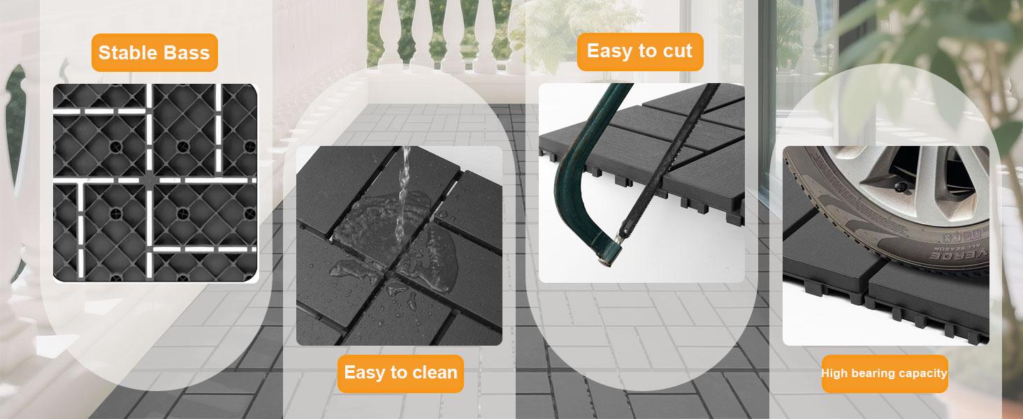 Interlocking Deck Tiles, 44 Pack ,12"x 12" Waterproof Outdoor Flooring All Weather Use, Patio Floor Decking Tiles For Porch Poolside Balcony Backyard