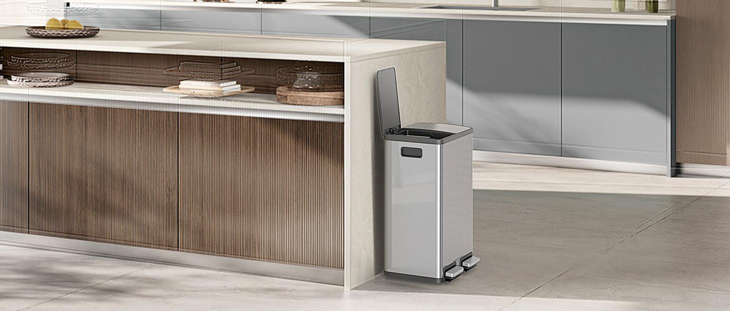 Kitchen Trash Can with Lid, 2 x 8 Gallon Garbage Can, with Soft-Close Foot Pedal and Removable Inner Bucket, 60 Liter Large Stainless Waste Bin for Bathroom Bedroom Home Office Kitchen Trash Can with Lid, 2 x 8 Gallon Garbage Can, with Soft-Close Foot Pedal and Removable Inner Bucket, 60 Liter Large Stainless Waste Bin for Bathroom Bedroom Home Office