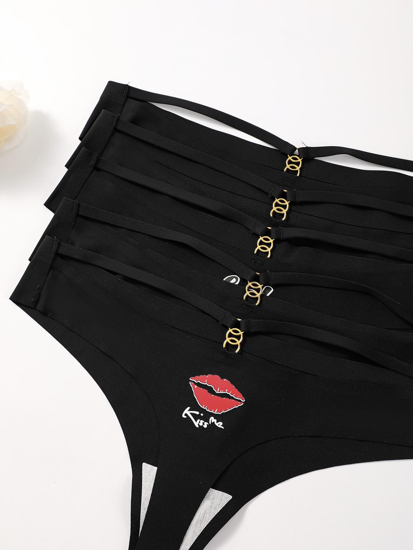 Low-Waist Sexy Women's Briefs Set of 5, Unique Print with Metal Accessories, Street Style Hot Girl Underwear, All Seasons Fitted