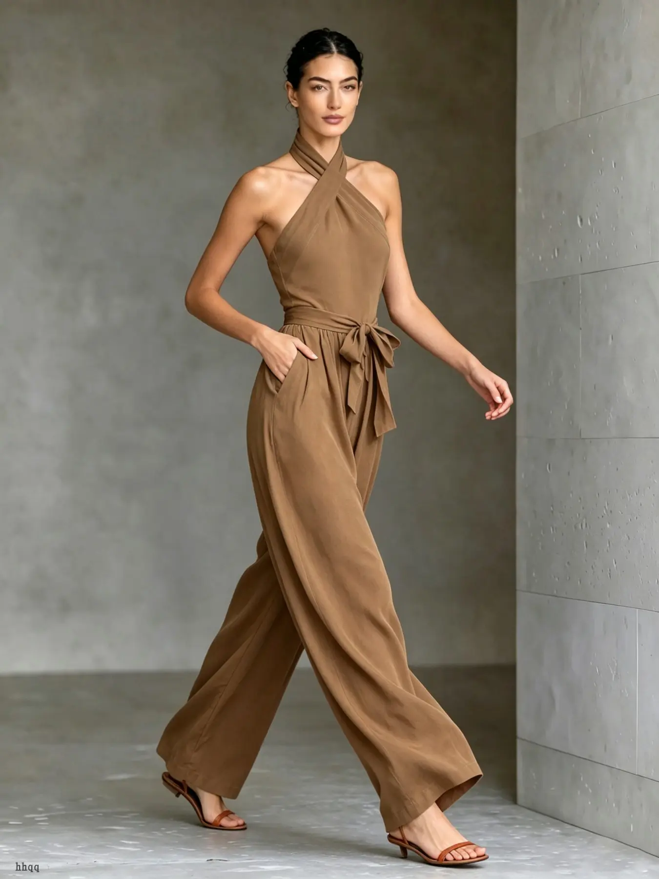 Elegant Sleeveless Halter Wrap Jumpsuit, Adjustable Waist Belt, Comfortable Sleepwear, Slim-Fitting, Plain Surface, Daily Home Wear