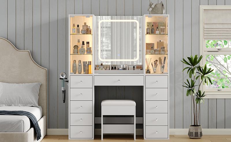 FUSOU 11 Drawers Makeup Vanity with Charging Station, Vanity Desk with LED Mirror & 2 Glass Cabinet, 3 Color Modes, Brightness Adjustable, Glass Top, Dressing Table with Chair for Bedroom (11 Drawers)