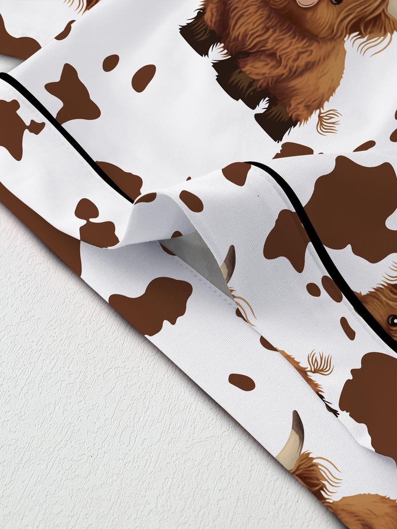 Valentine's Day Women's Sleepwear Set, Comfortable Cute Elastic Highland Cow Milk Cow Pattern Shirt and Pants Two-Piece Suit