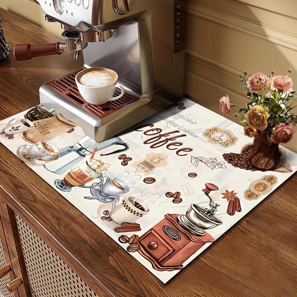1pcs, Tableware drying pad, coffee machine pad, Coffee table mat, drying pad with watercolor retro coffee machine and cup design, polyester fiber - durable, highly absorbent, easy to clean drying pad, desktop decorative pad