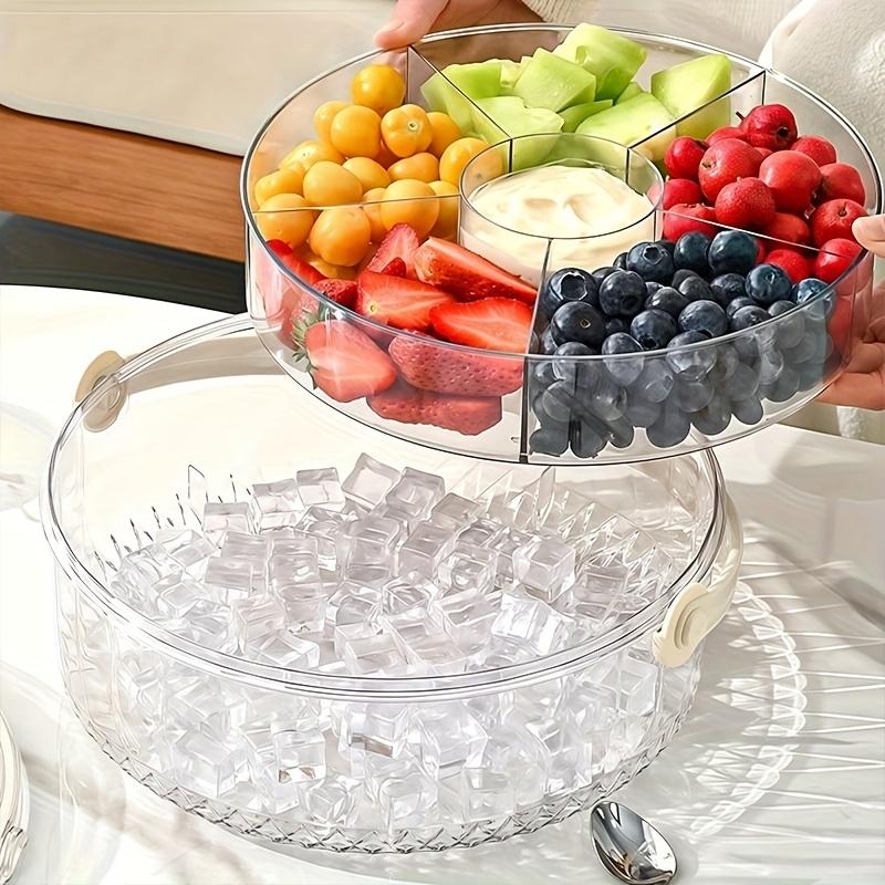 Multi Compartment Divided Serving Tray with Lid & Dip Cup, Rotating Fruit Platter for Party Picnic, Portable Fridge Organizer & Food Storage Container