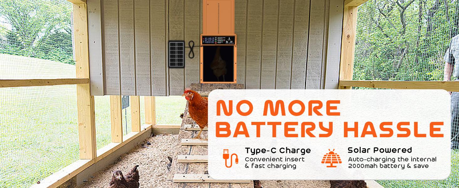 With Timer & Light Sensor Solar Powered Automatic Chicken Door, Anti-Pinch, Durable Aluminum, Charge with Solar Panel & USB - Orange coop