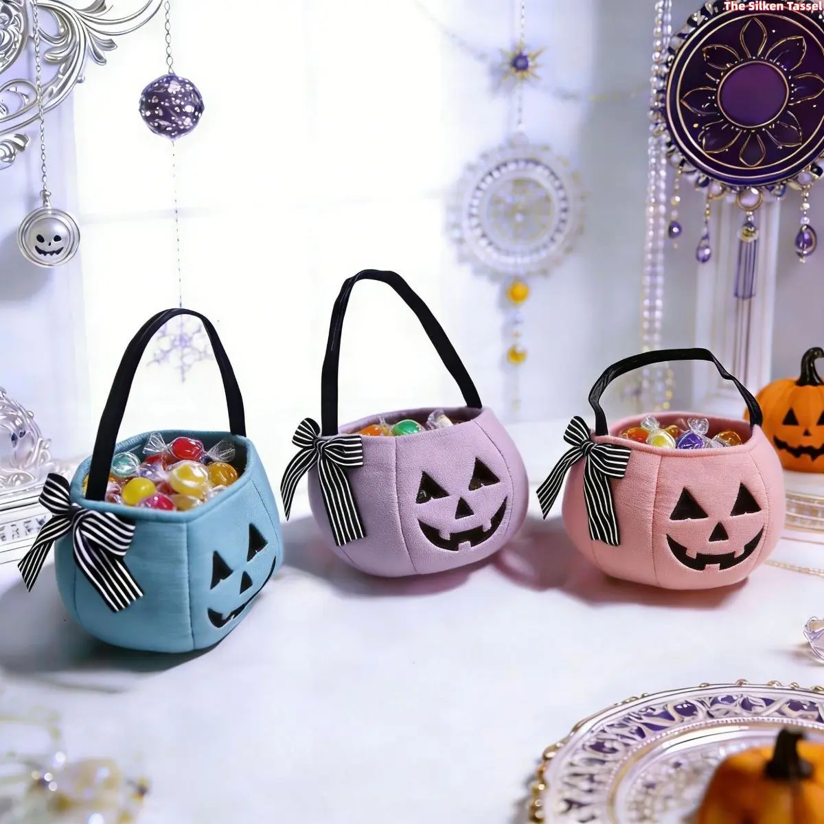 4 PCS Soft Plush Pumpkin Bucket Bags with Carry Handle - Halloween Trick-or-Treat Baskets for Child, 15 * 15 * 3Cm (tiktokshopbacktoschool)