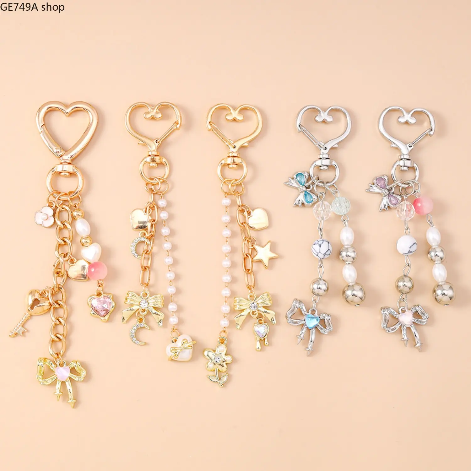 Cute Heart Keychain Set Gold Bowknot Key Rings Aesthetic Moon Star Pendant Purse Bag Charms Pearl Bead Tassel Handbag Lanyard Summer Holiday Birthday Gifts for Women Teen Girls Coquette