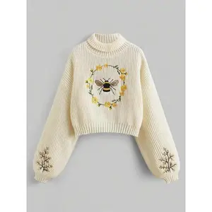 ACTIVEKITWomen's cartoon bee embroidery off shoulder sweater, spring and autumn casual long sleeved high neck knitted pullover sweater, fashionable women's knitted sweater