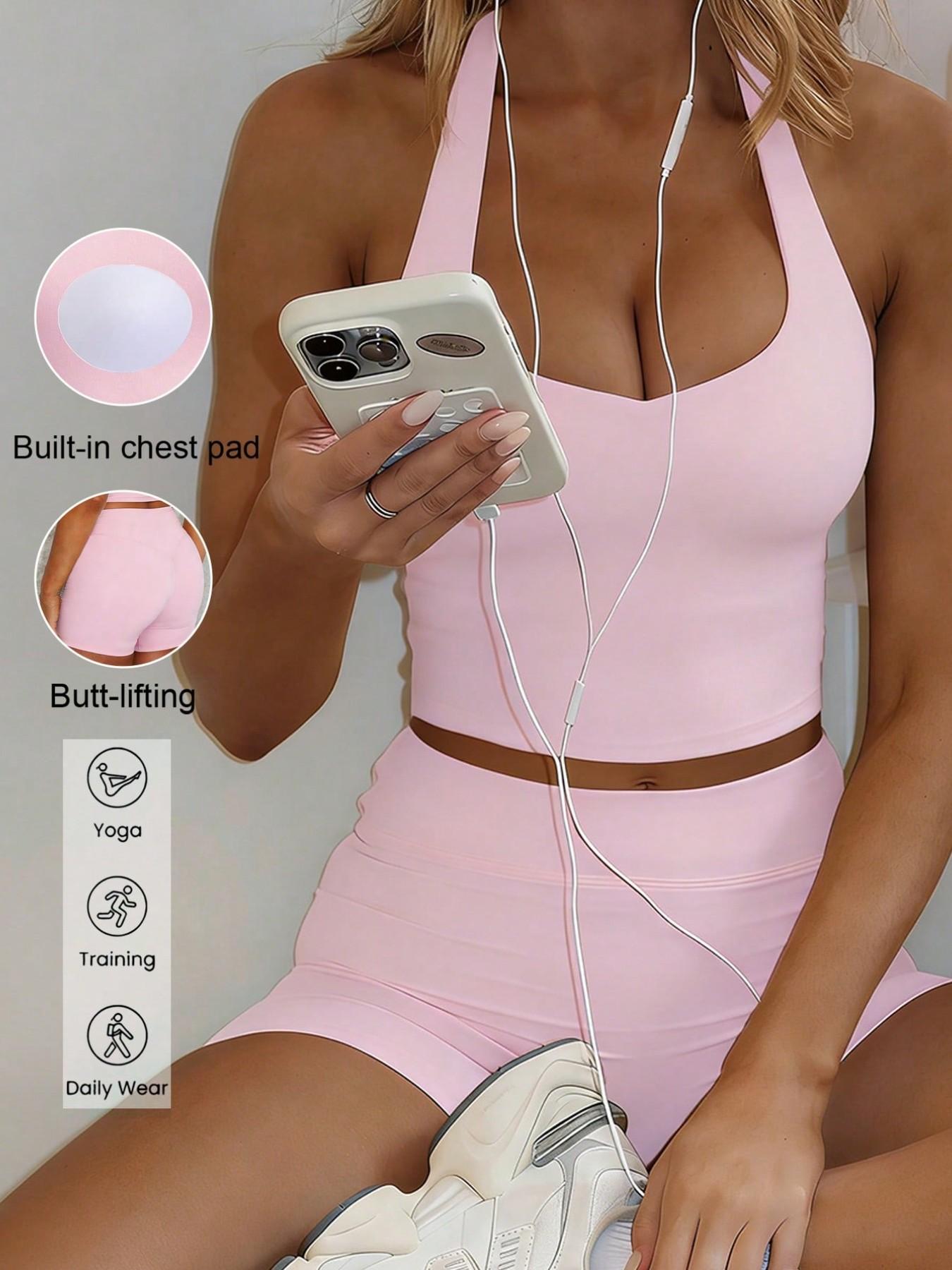 Sexy Backless Halter Top Set for Women, Seamless Tight-Fitting Shorts, Casual Yoga Running Pilates, Comfortable Daily Wear