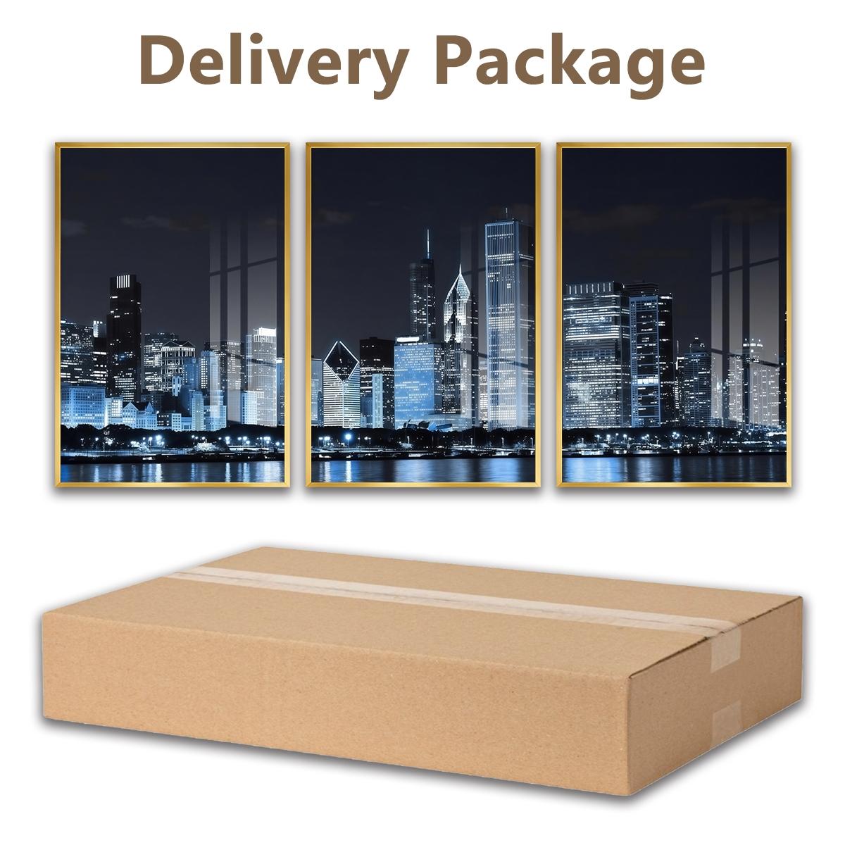 3 Count Aluminum Alloy Frame Canvas， City Night Skyline Fashion Poster， Modern Living Room Decoration， Light Luxury Family Art， Suitable For Bedroom， Corridor And Office Wall Decor， Gift