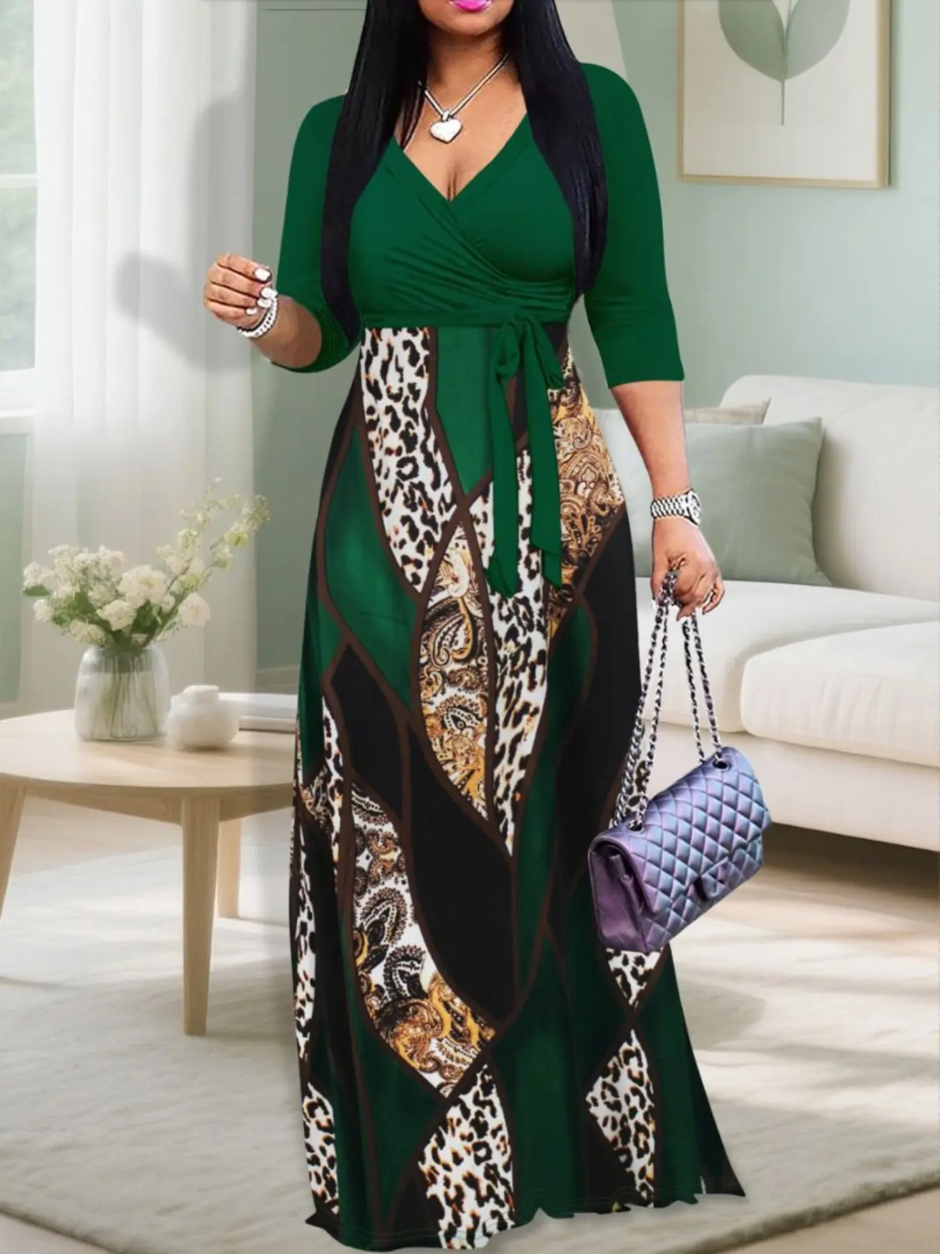 Women's Elegant Leopard Print Peplum Dress, V-Neck, 3/4 Sleeve, Tie Waist, Animal Print, Flowy, Casual Style, Long Dress