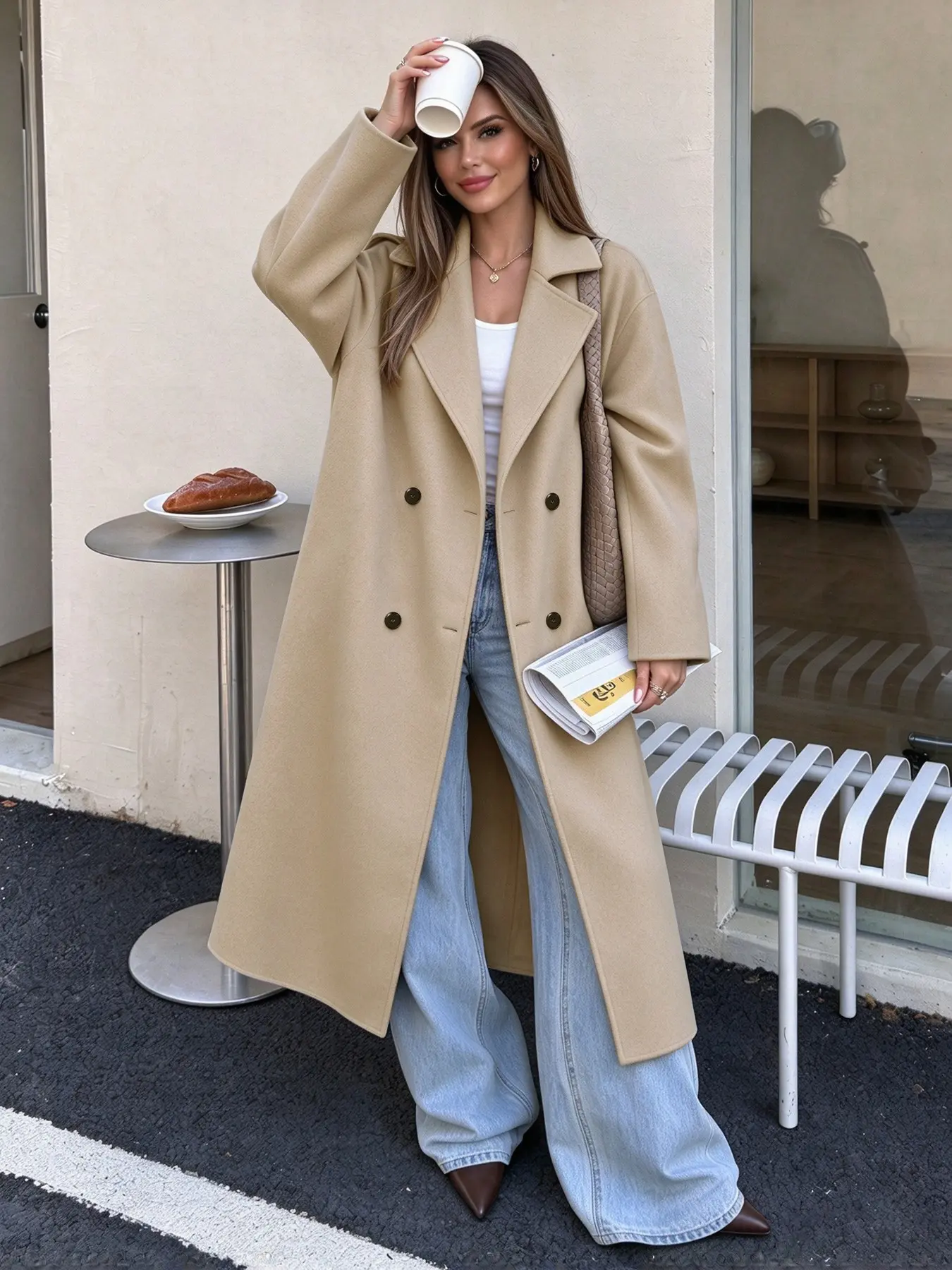 Women's Loose Fit Long Coat, Double Button Fake Wool, Notched Collar, Winter Outerwear, Casual Style, Plain Pattern, H Type Silhouette