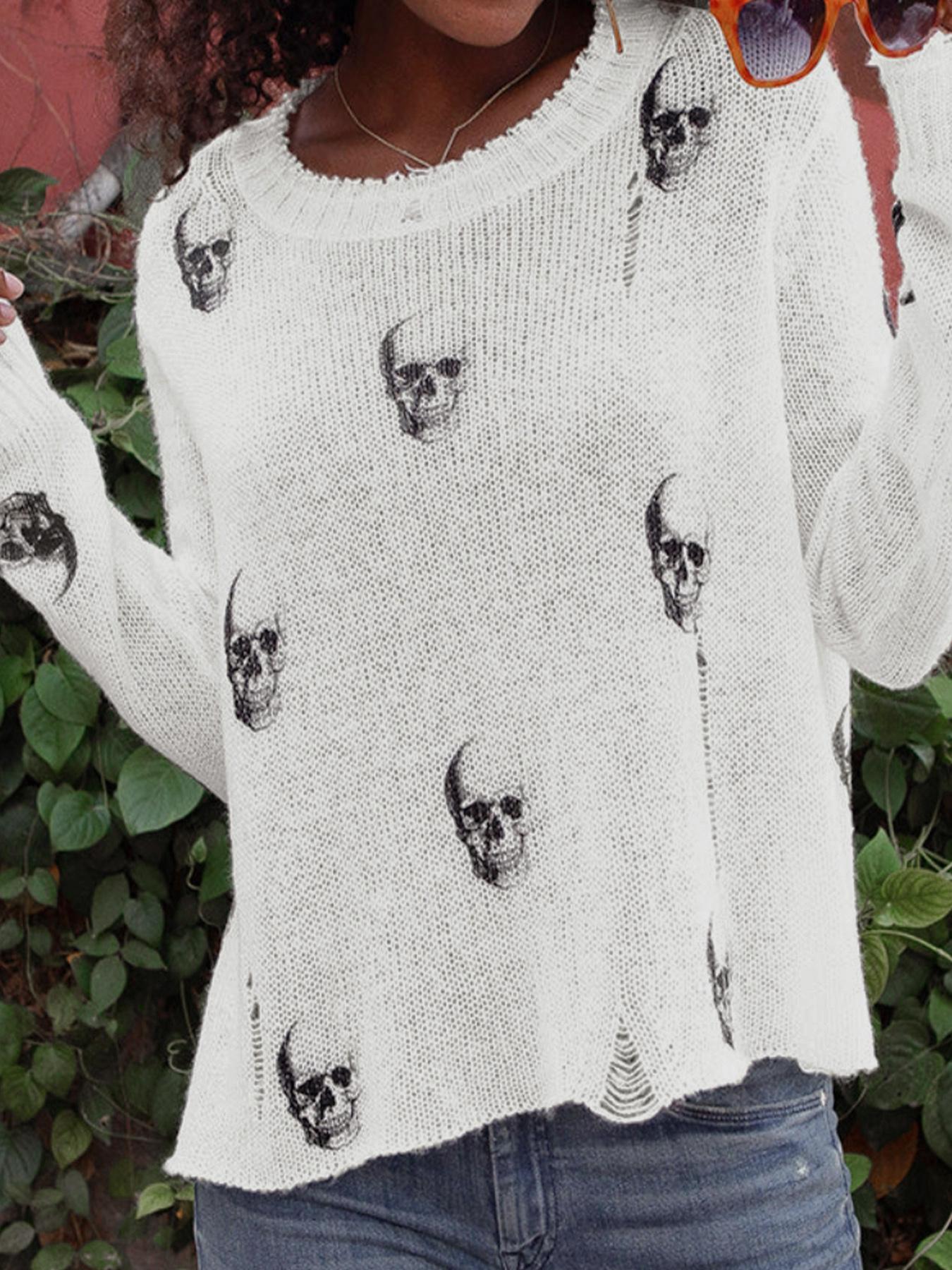 Women's Skull Print Round Neck Sweater, Casual Long Sleeve Crew Neck Jumper for Spring & Fall, Fashion Women's Knitwear for Daily Wear