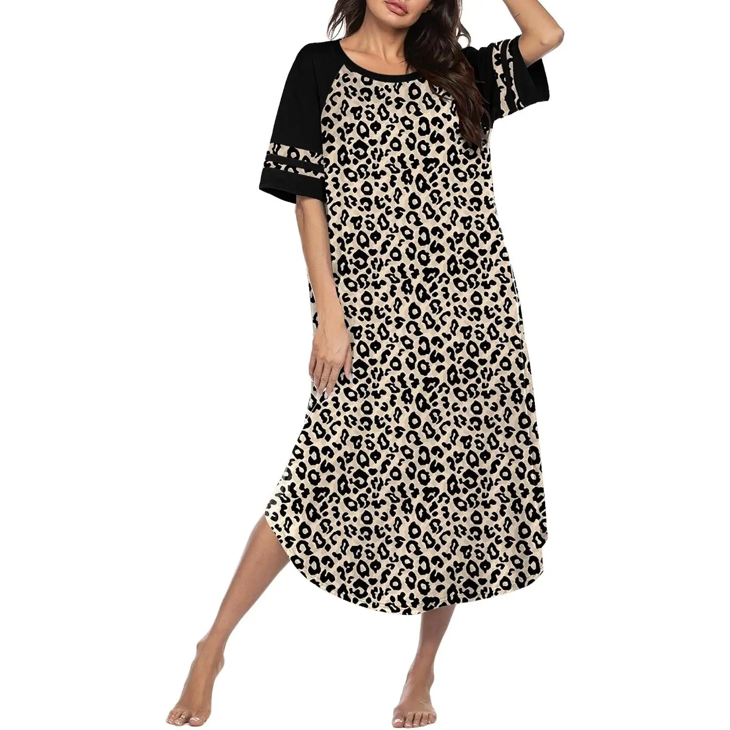 Women's Cotton Long Nightgown Plus Size Moo Moo Color Block House Dress V Neck Sleep Shirt for Sleep, Shopping, Party S-5XLGift