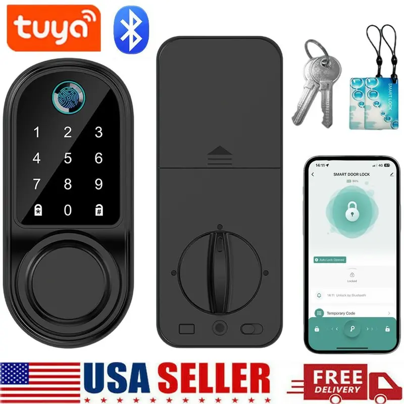 Smart Door Lock, Anti Theft Biometric Fingerprint Digital Electronic Lock with Bluetooth, Password, Keypad, Keyless Entry Deadbolt, Left/Right Compatible, 35-55mm Door Thickness Fit, Smart Home Gadget