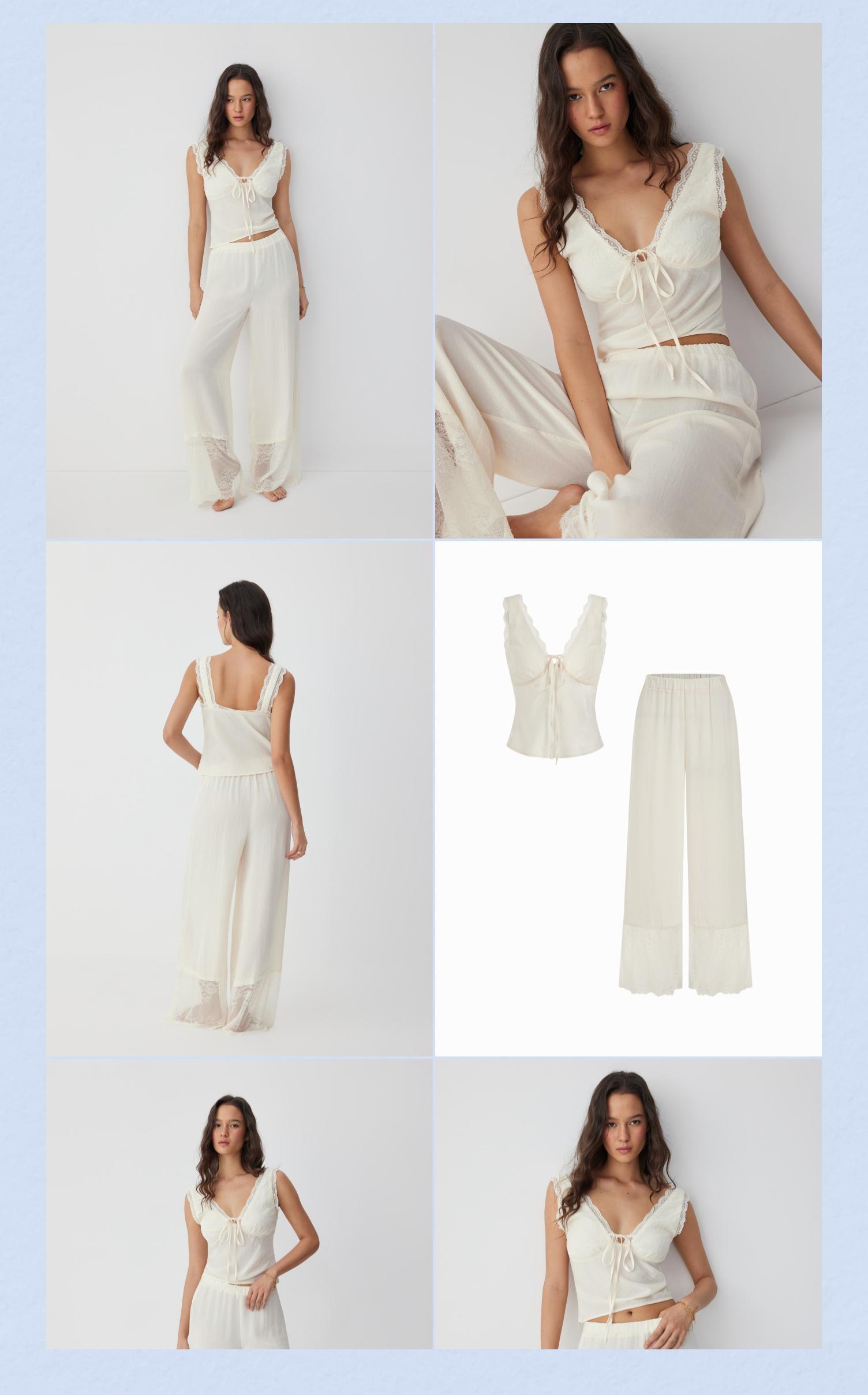 Cider Lace Trim V-neck Top & High Rise Wide Leg Trousers Loungewear Set