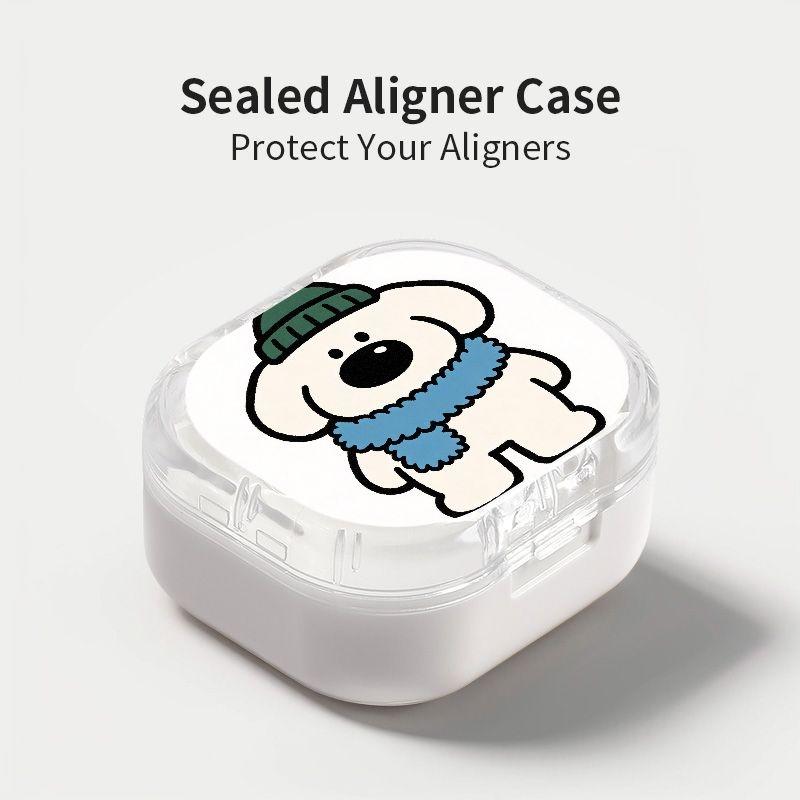 White Puppy with Dark Green Hat Light Blue Scarf Printed Braces Box, Street Trend Denture Box, Daily Portable Orthodontic Retainer Storage Case, Thickened Durable Dental Appliance Protective Box